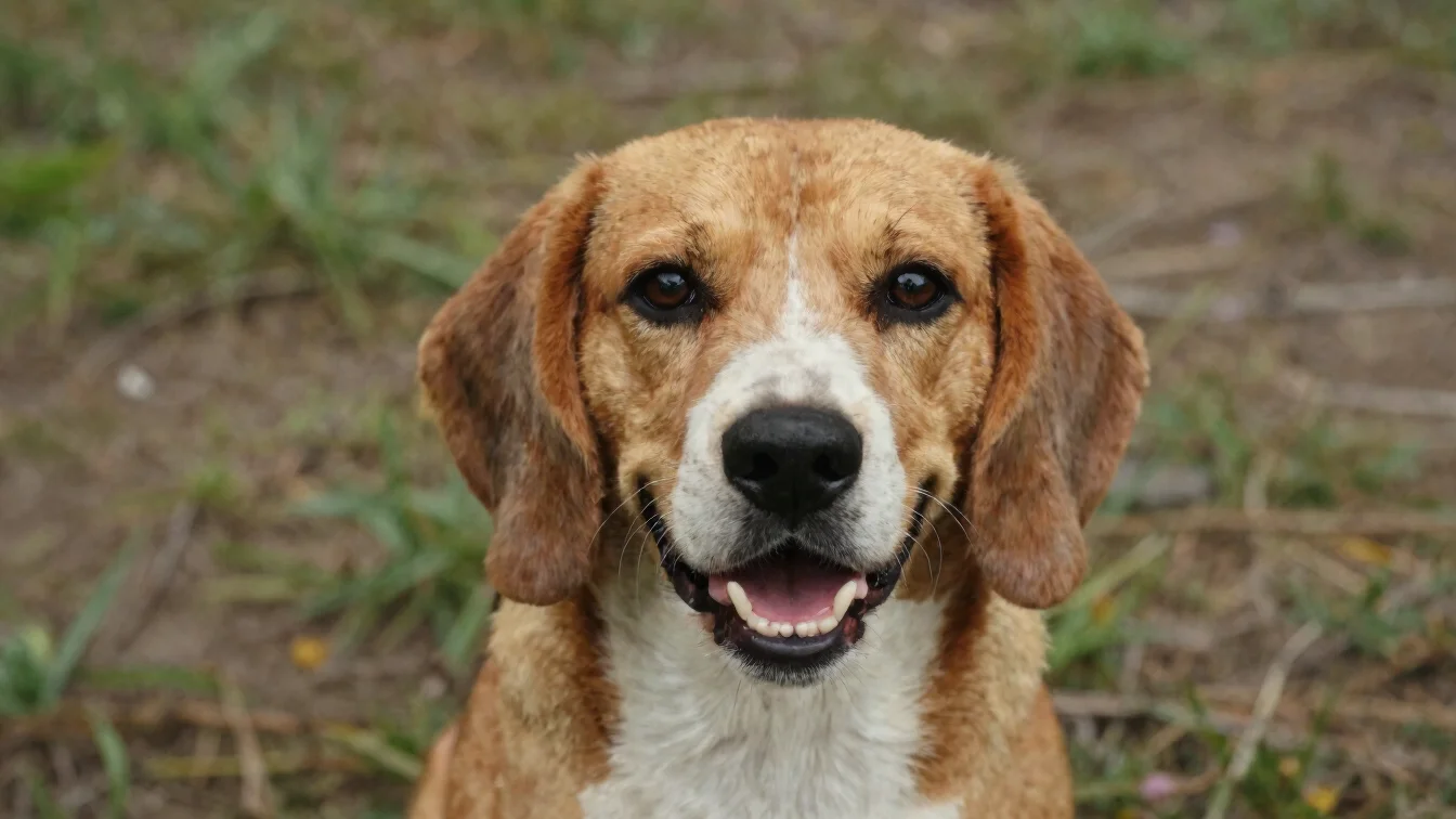 Eye-level close-up of a happy Beagle mix dog, Buddy, with soft na