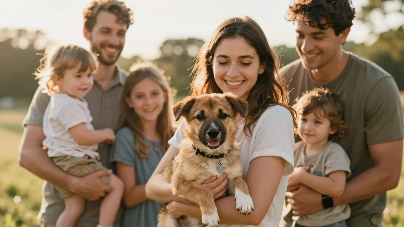 Happy foster family holding a healthy adopted pet outdoors in soft golden sunlight