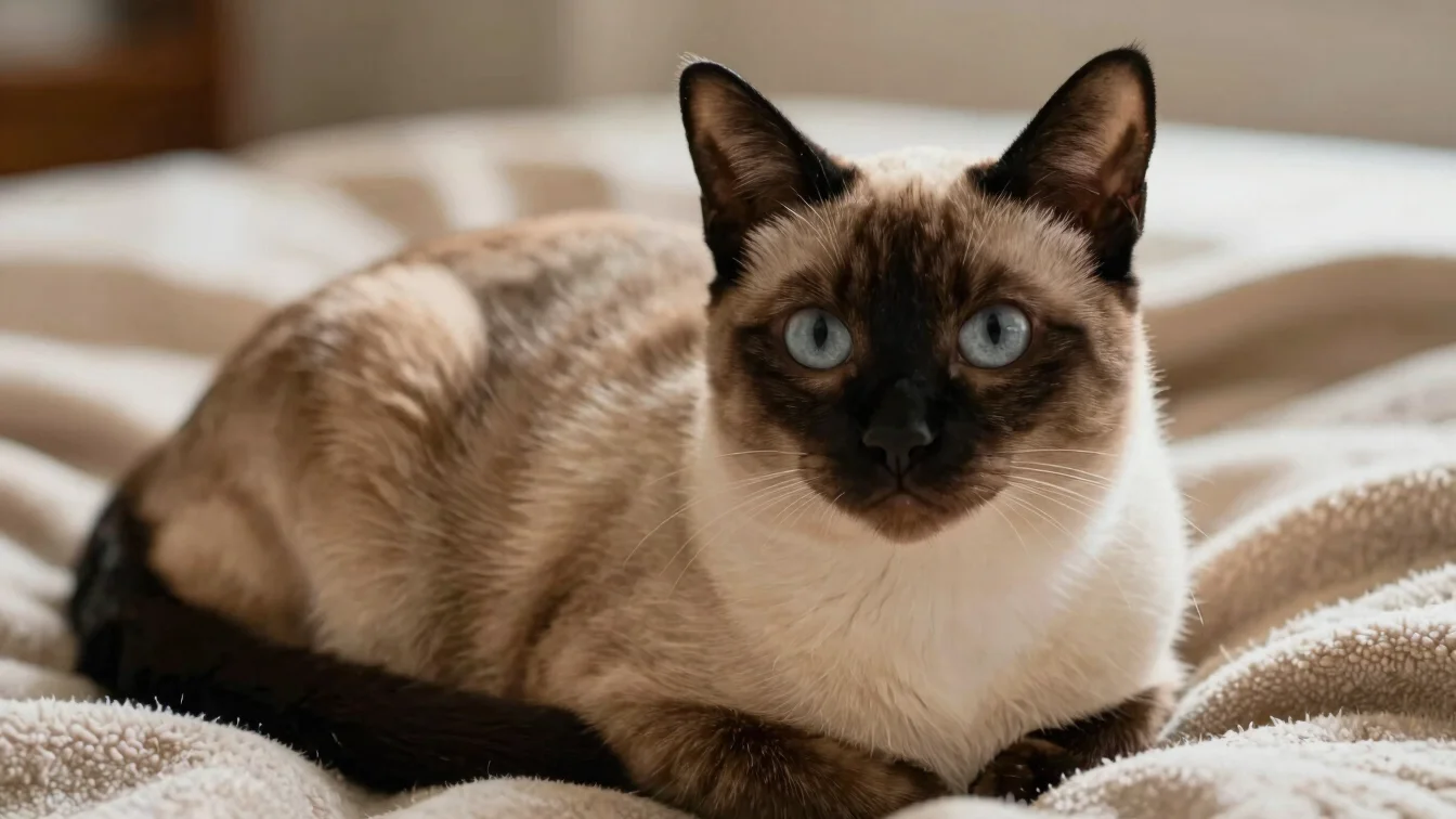 Eye-level close-up of a graceful Siamese cat, Luna, with soft nat