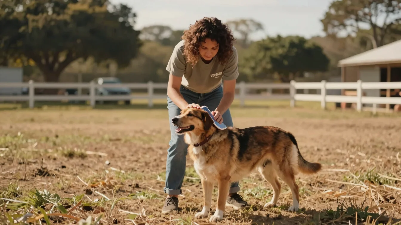 Volunteer gently brushing a dog in a sunny outdoor run, warm natural daylight, shallow depth of field, rich warm tones,