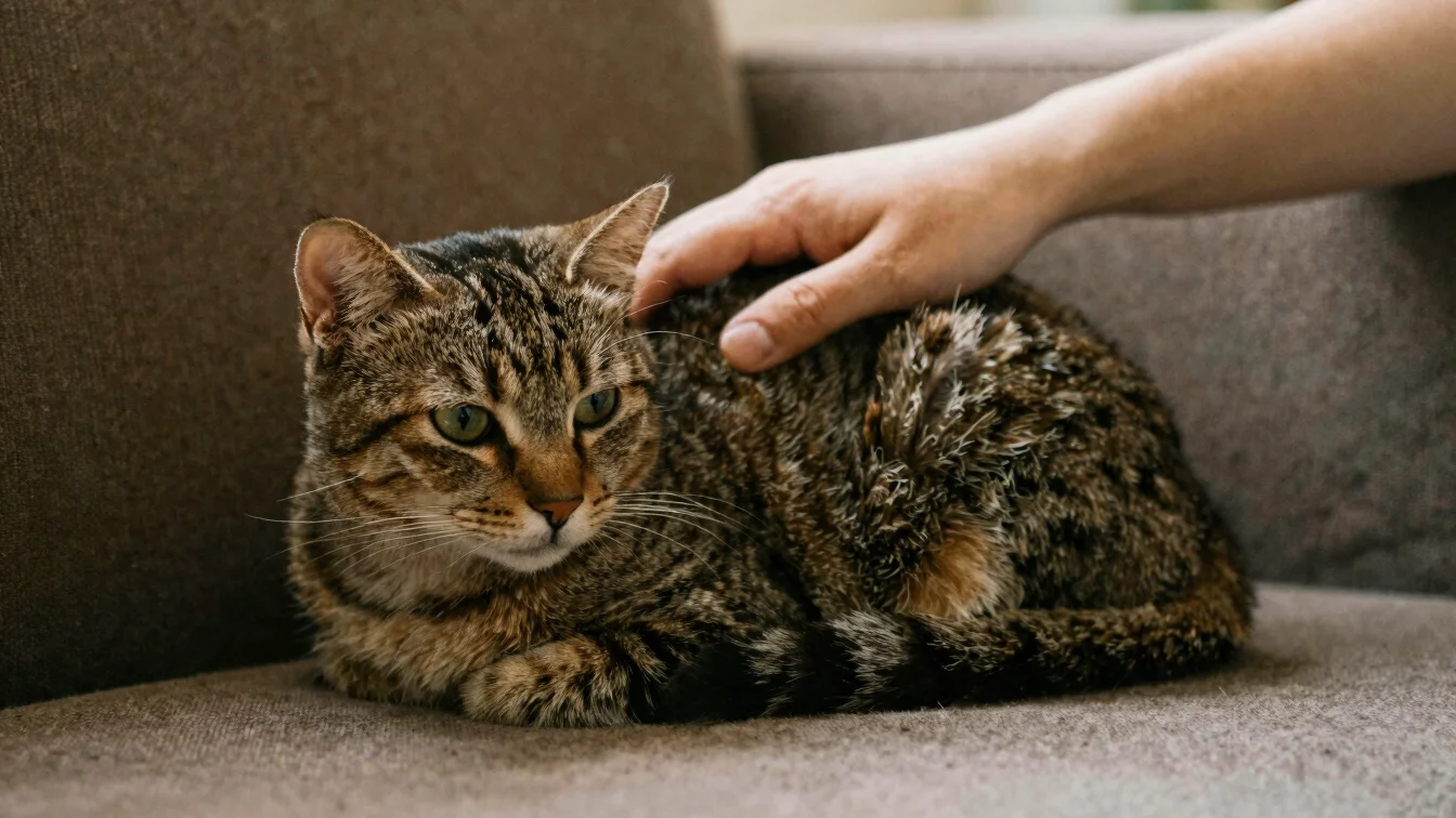 A cat curled up on a sofa next to a human hand gently petting it, soft natural daylight, shallow depth of field, rich wa