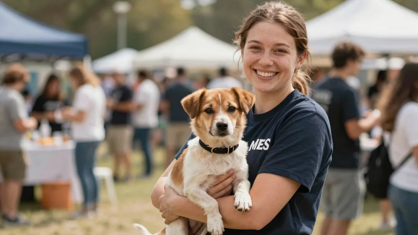 A volunteer smiling while holding a small dog at an outdoor adoption event, warm natural daylight, shallow depth of fiel
