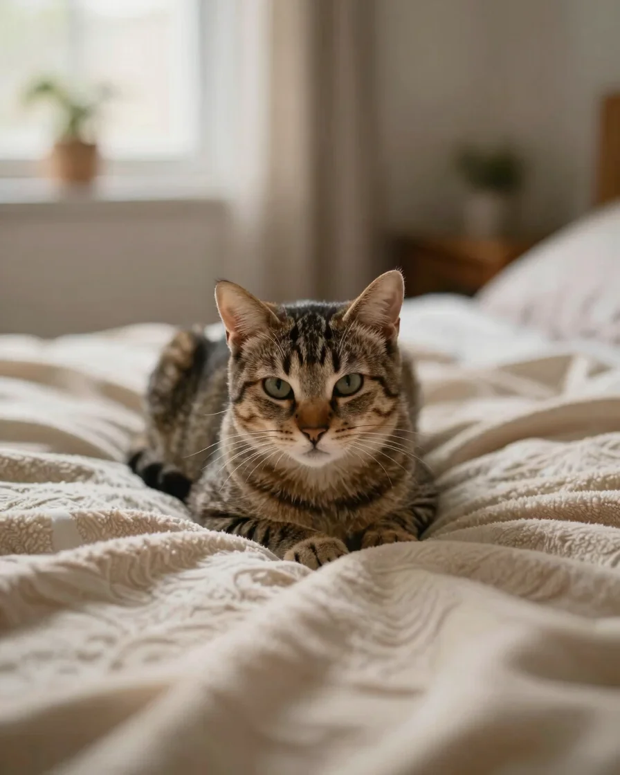Soft natural daylight showing a calm rescued cat resting on a warm beige blanket in an indoor shelter room, 35mm lens