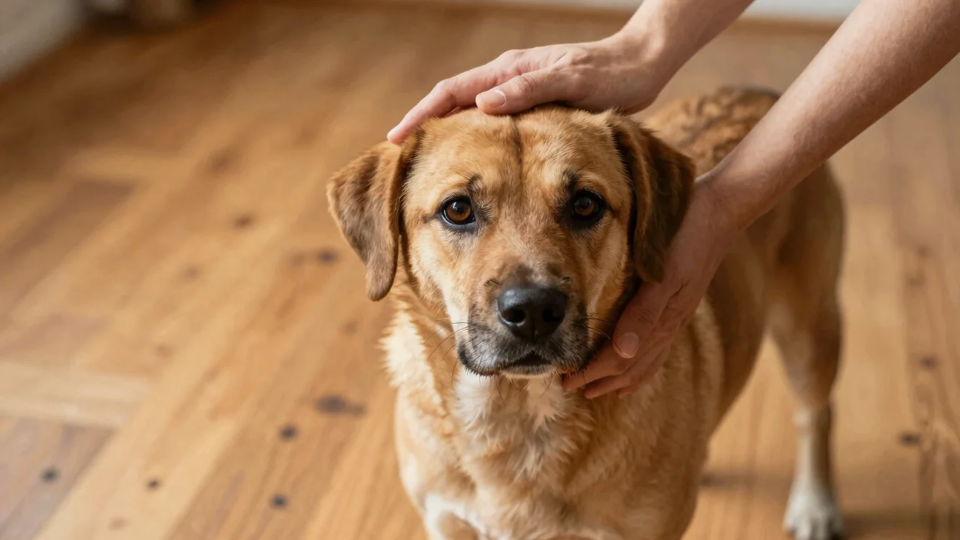 Close-up of gentle human hands brushing a healthy rescued dog on a warm wooden floor in daylight