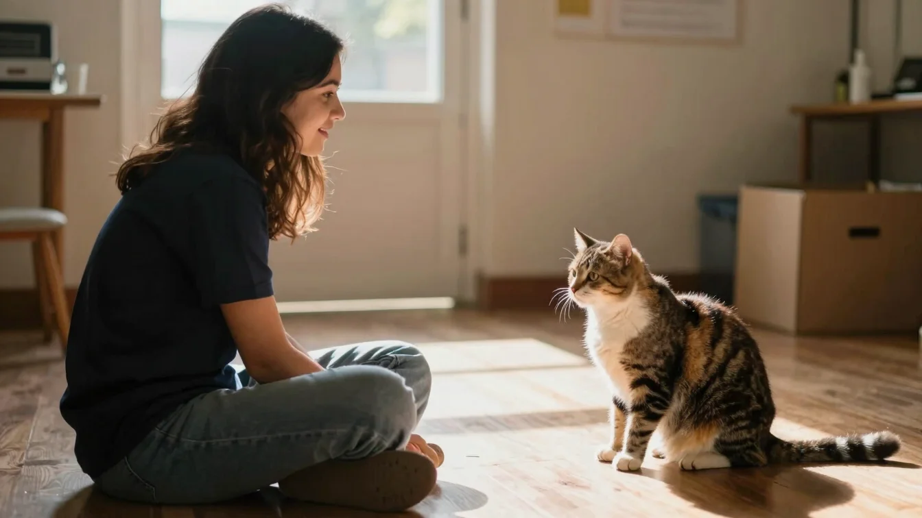 Candid interaction of a shelter volunteer sitting quietly near a relaxed cat in a sunlit room