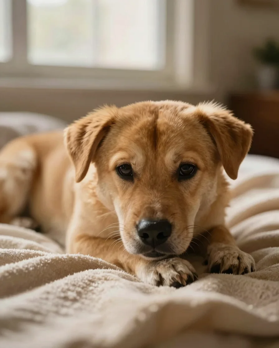 Warm rescued dog resting comfortably on a soft beige blanket unde